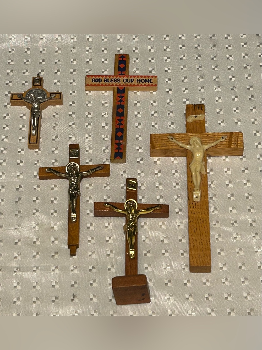 5 Vintage Wooden Metal Crucifixes Crosses Last Rites Holy Water Candle 1960’s